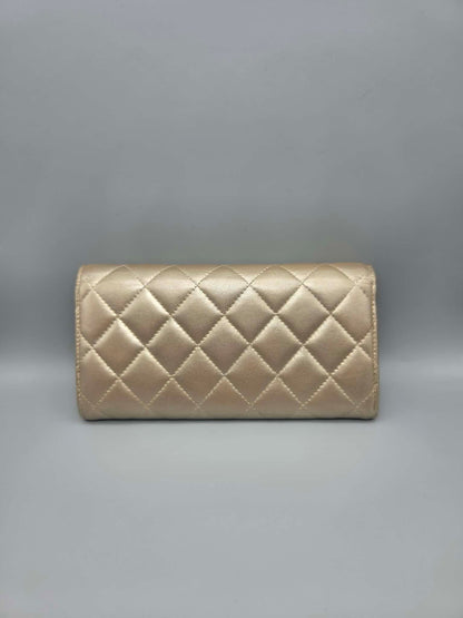 CHANEL Metallic Lambskin Quilted Large Gusset Flap Wallet