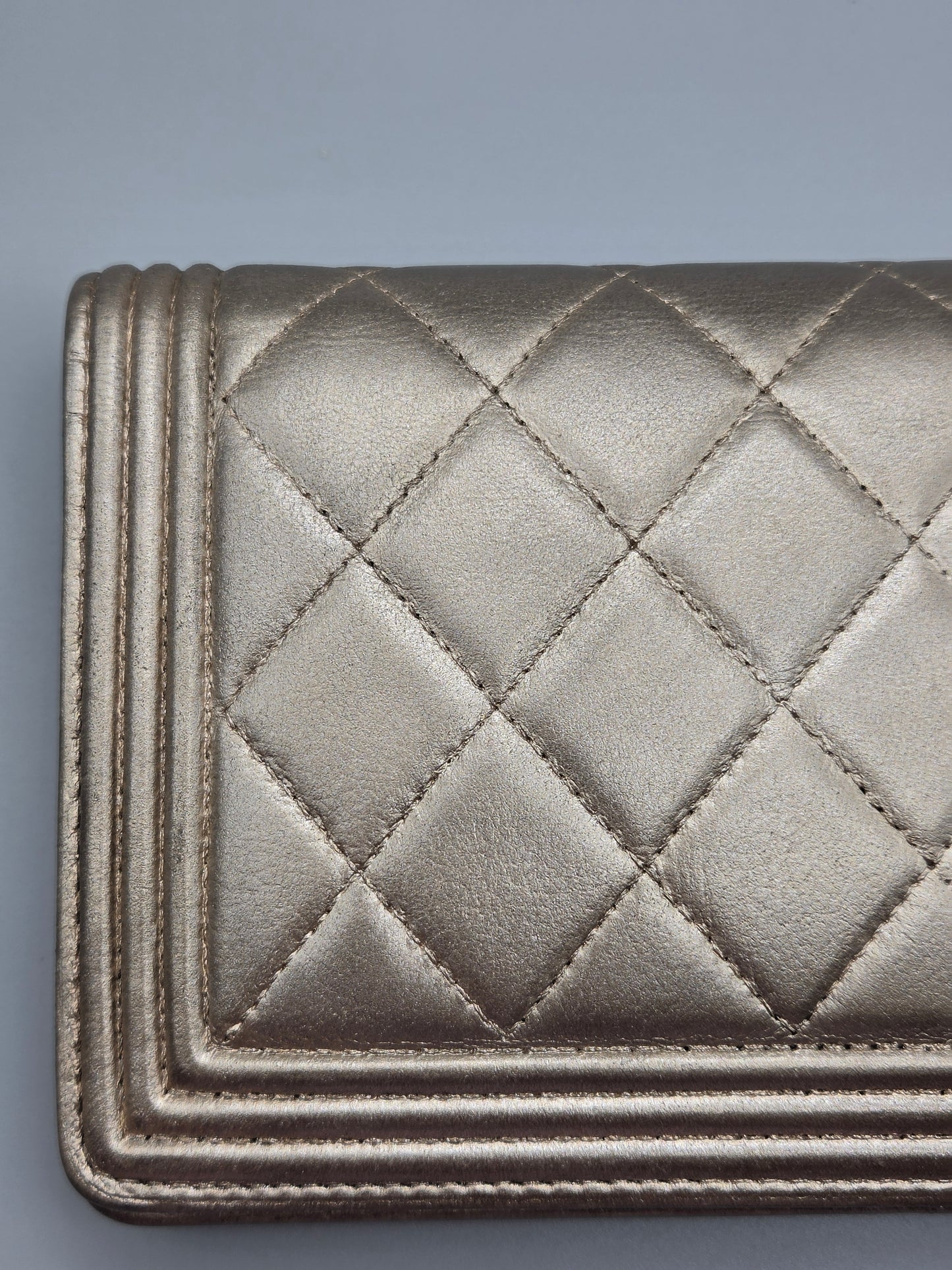 CHANEL Metallic Lambskin Quilted Boy Yen Wallet