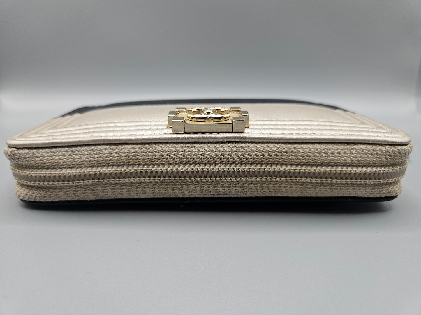 CHANEL Two-Tone Leather Compact Boy Zip Wallet