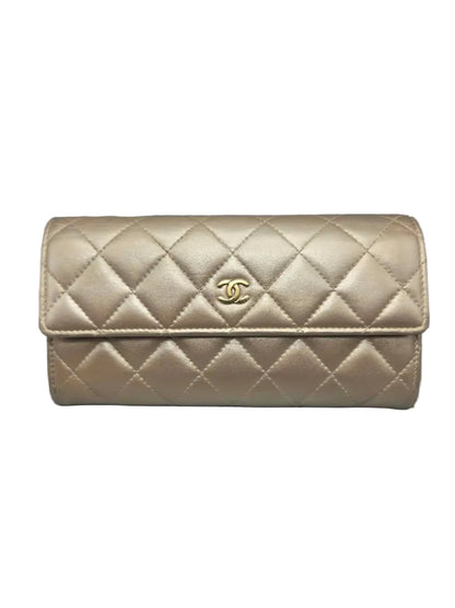 CHANEL Metallic Lambskin Quilted Large Gusset Flap Wallet