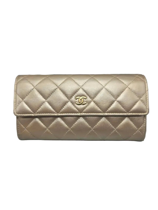 CHANEL Metallic Lambskin Quilted Large Gusset Flap Wallet