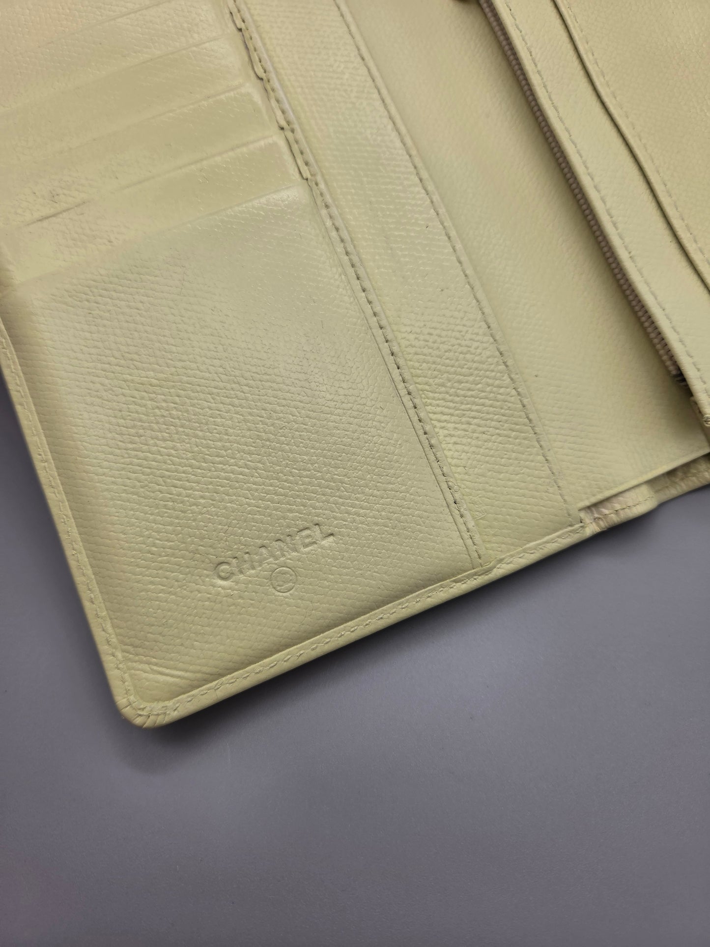 Grained Calfskin CC Button Yen Clutch Wallet in Pale Yellow