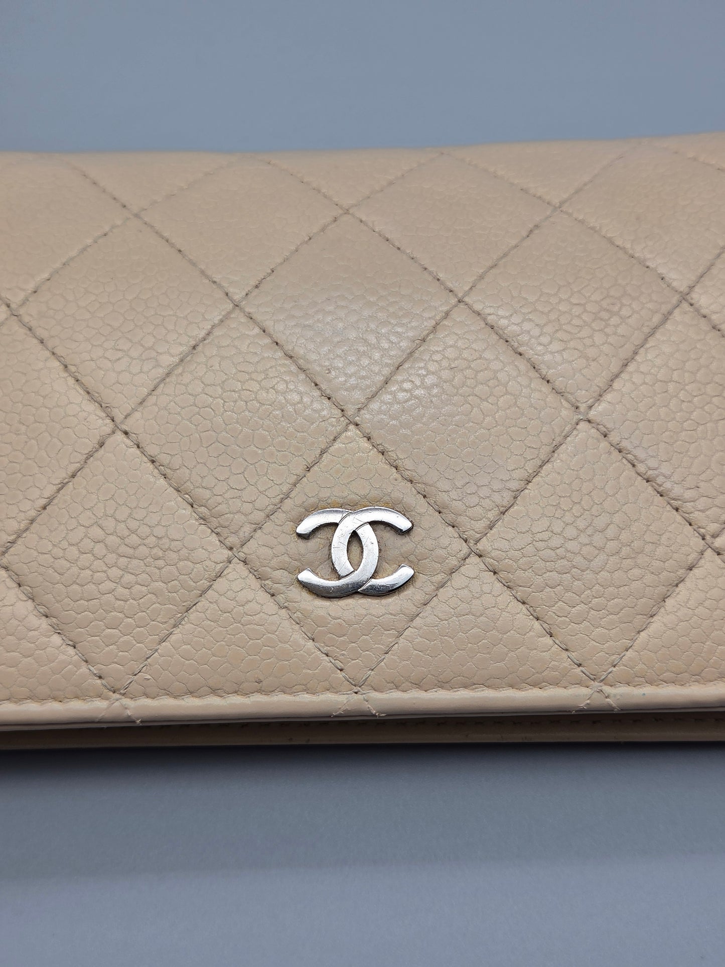 CHANEL Beige Quilted Leather Yen Wallet in Tan