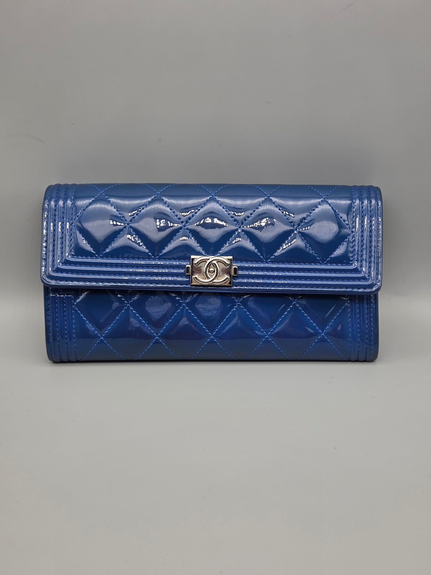 Patent Leather Boy Large Gusset Flap Wallet in Navy Blue