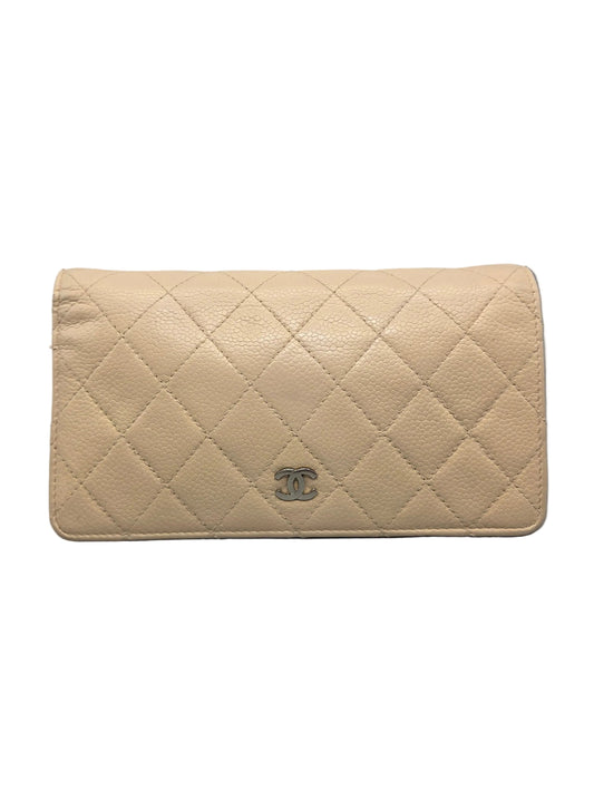 CHANEL Beige Quilted Leather Yen Wallet in Tan