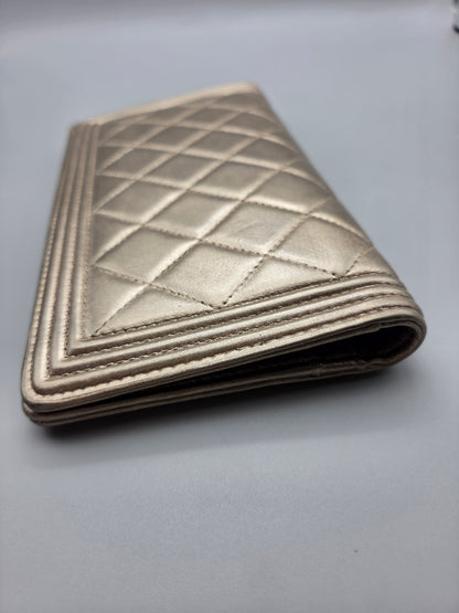 CHANEL Metallic Lambskin Quilted Boy Yen Wallet