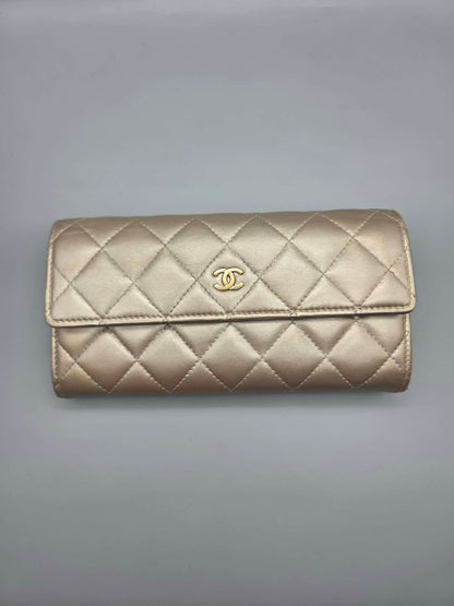 CHANEL Metallic Lambskin Quilted Large Gusset Flap Wallet