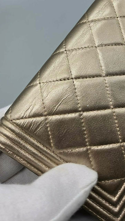 CHANEL Metallic Lambskin Quilted Boy Yen Wallet