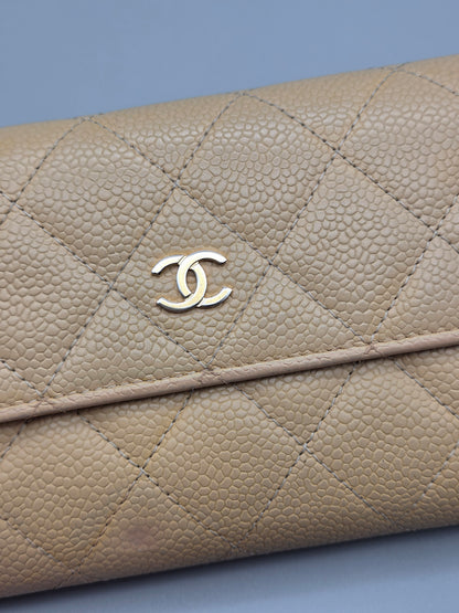 CHANEL Quilted Leather Beige Flap Clutch Wallet