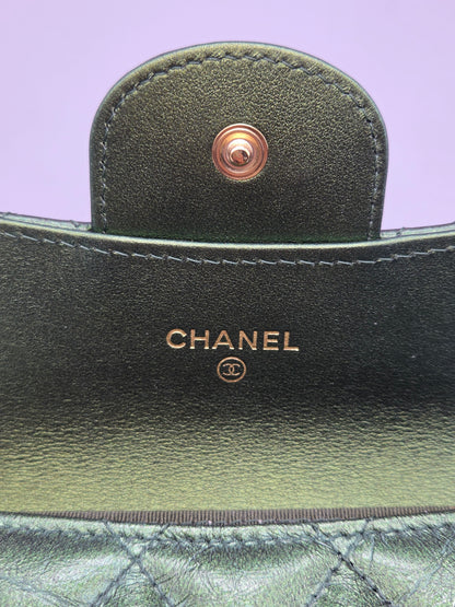 CHANEL Metallic Lambskin Quilted Flap Card Holder