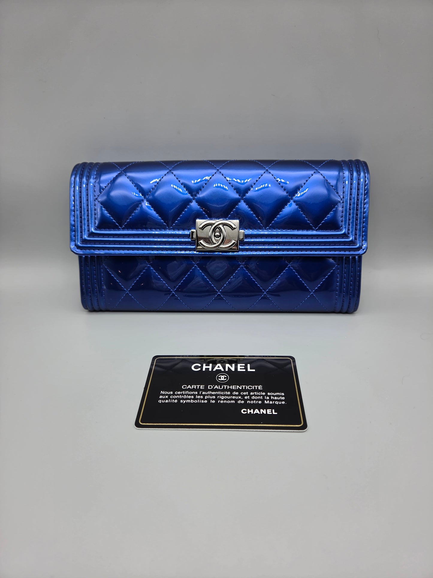 Patent Calfskin Quilted Boy Large Gusset Flap Wallet Blue
