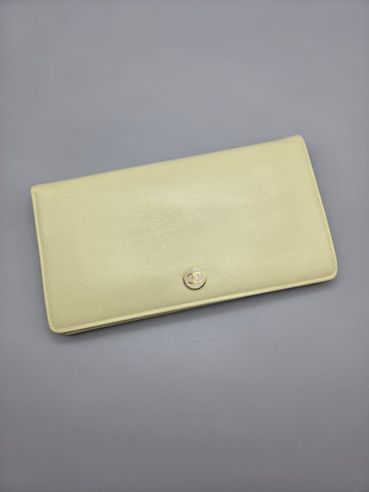 Grained Calfskin CC Button Yen Clutch Wallet in Pale Yellow