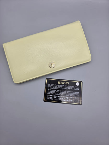 Grained Calfskin CC Button Yen Clutch Wallet in Pale Yellow