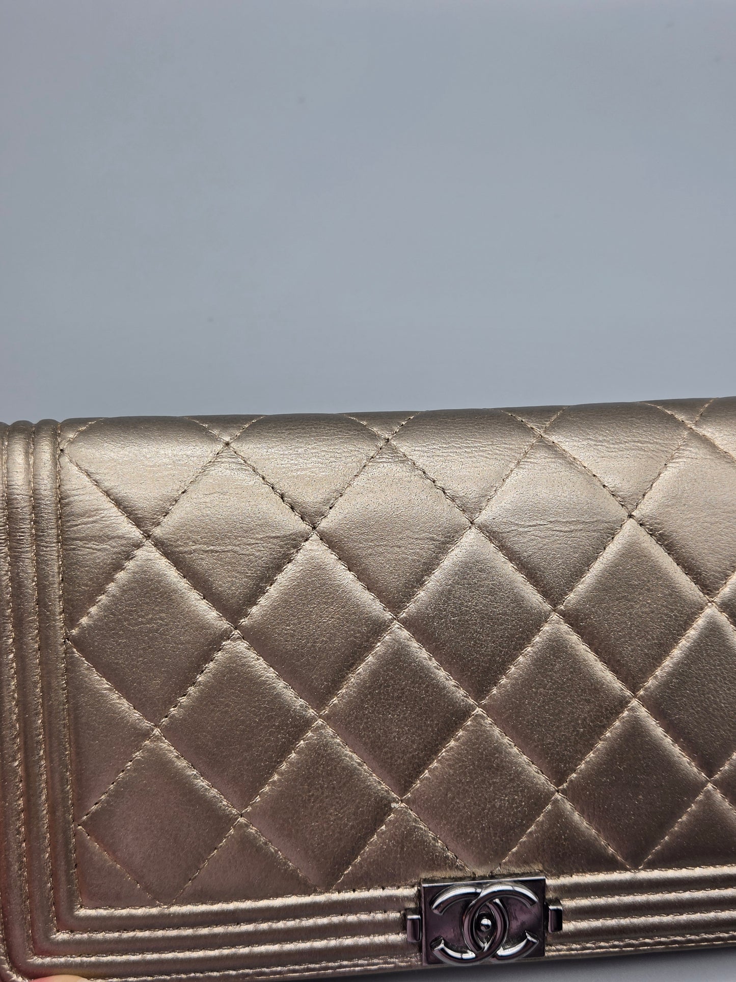 CHANEL Metallic Lambskin Quilted Boy Yen Wallet