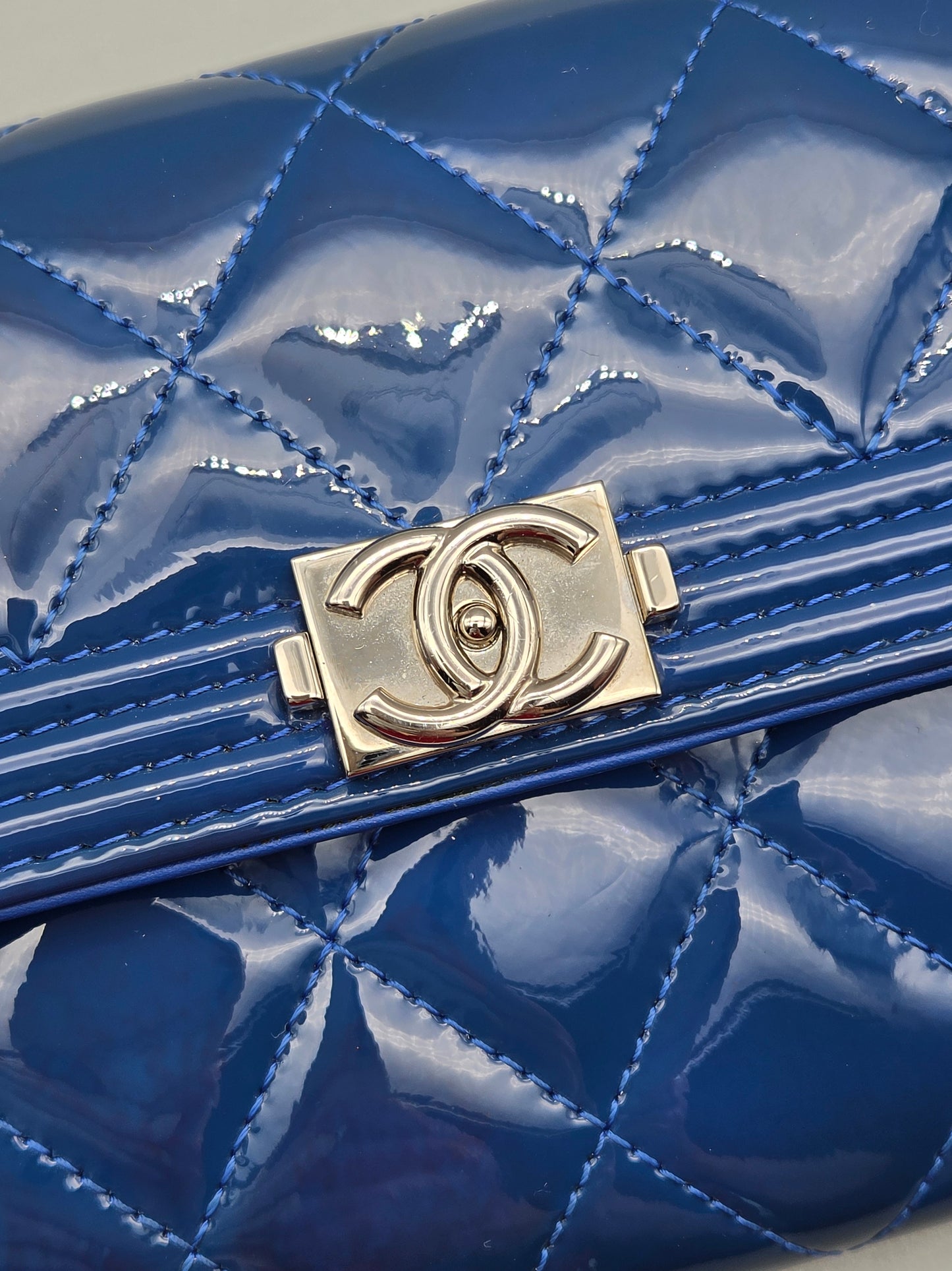 Patent Leather Boy Large Gusset Flap Wallet in Navy Blue