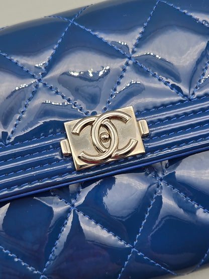 Patent Leather Boy Large Gusset Flap Wallet in Navy Blue