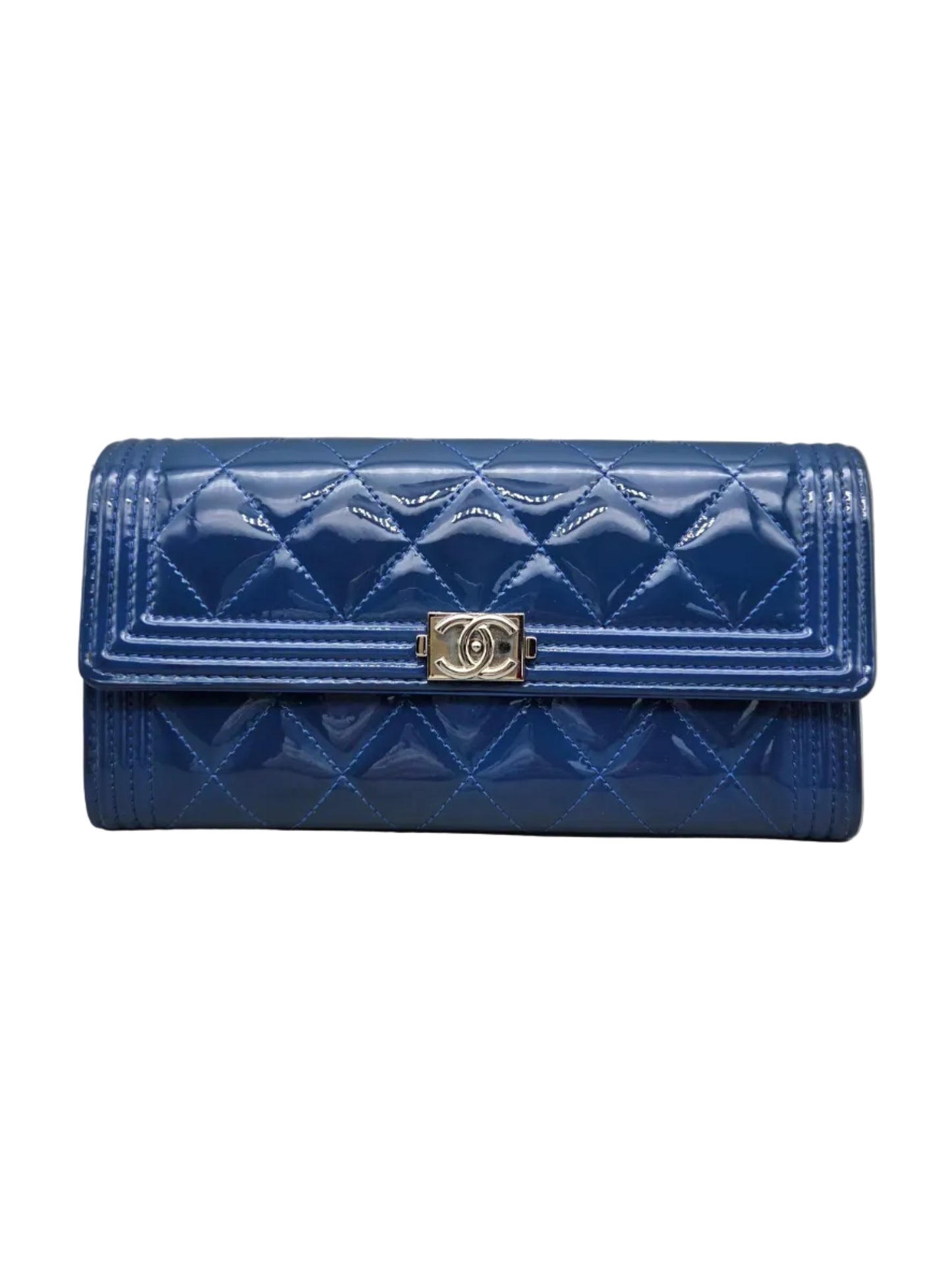Patent Leather Boy Large Gusset Flap Wallet in Navy Blue