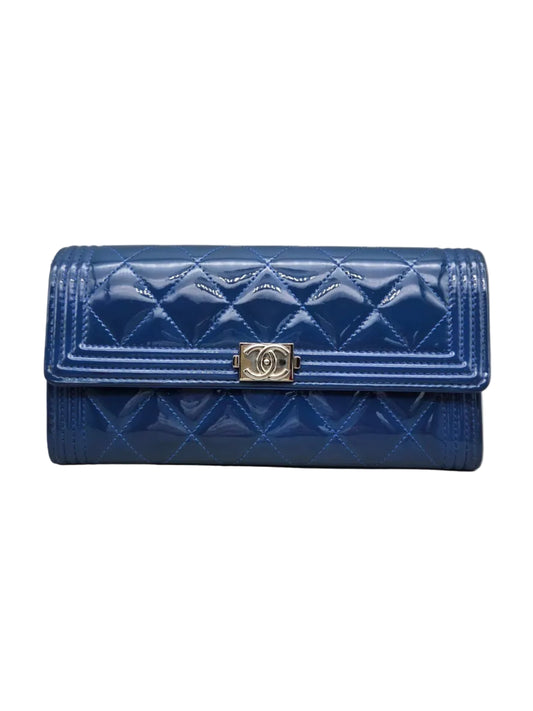 Patent Leather Boy Large Gusset Flap Wallet in Navy Blue