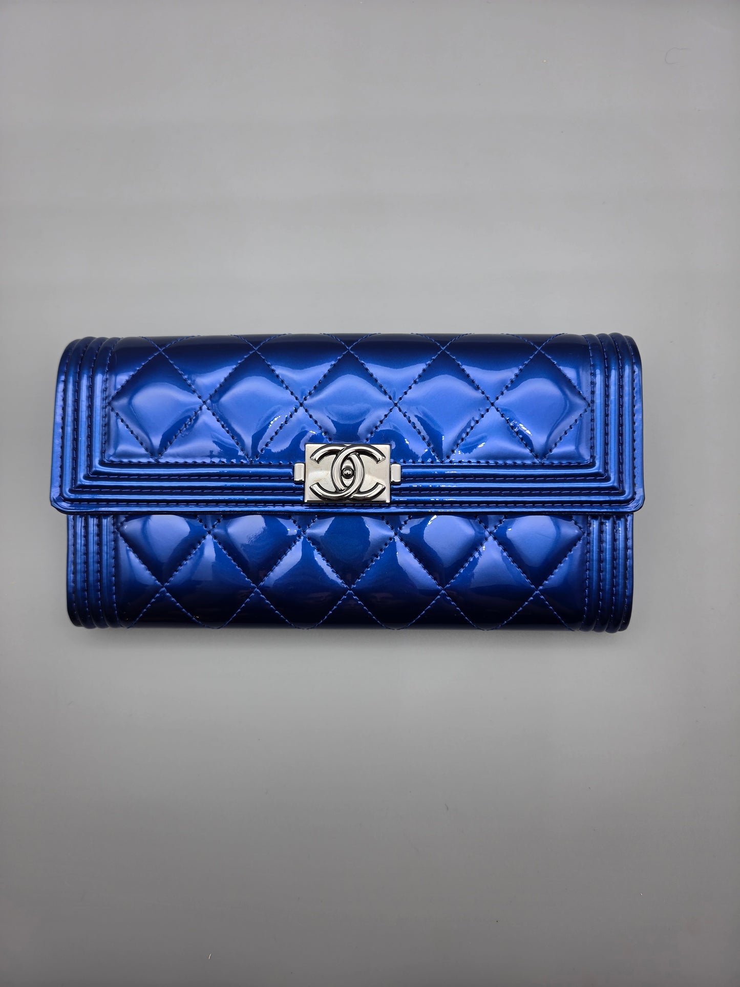 Patent Calfskin Quilted Boy Large Gusset Flap Wallet Blue