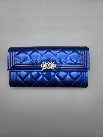 Patent Calfskin Quilted Boy Large Gusset Flap Wallet Blue