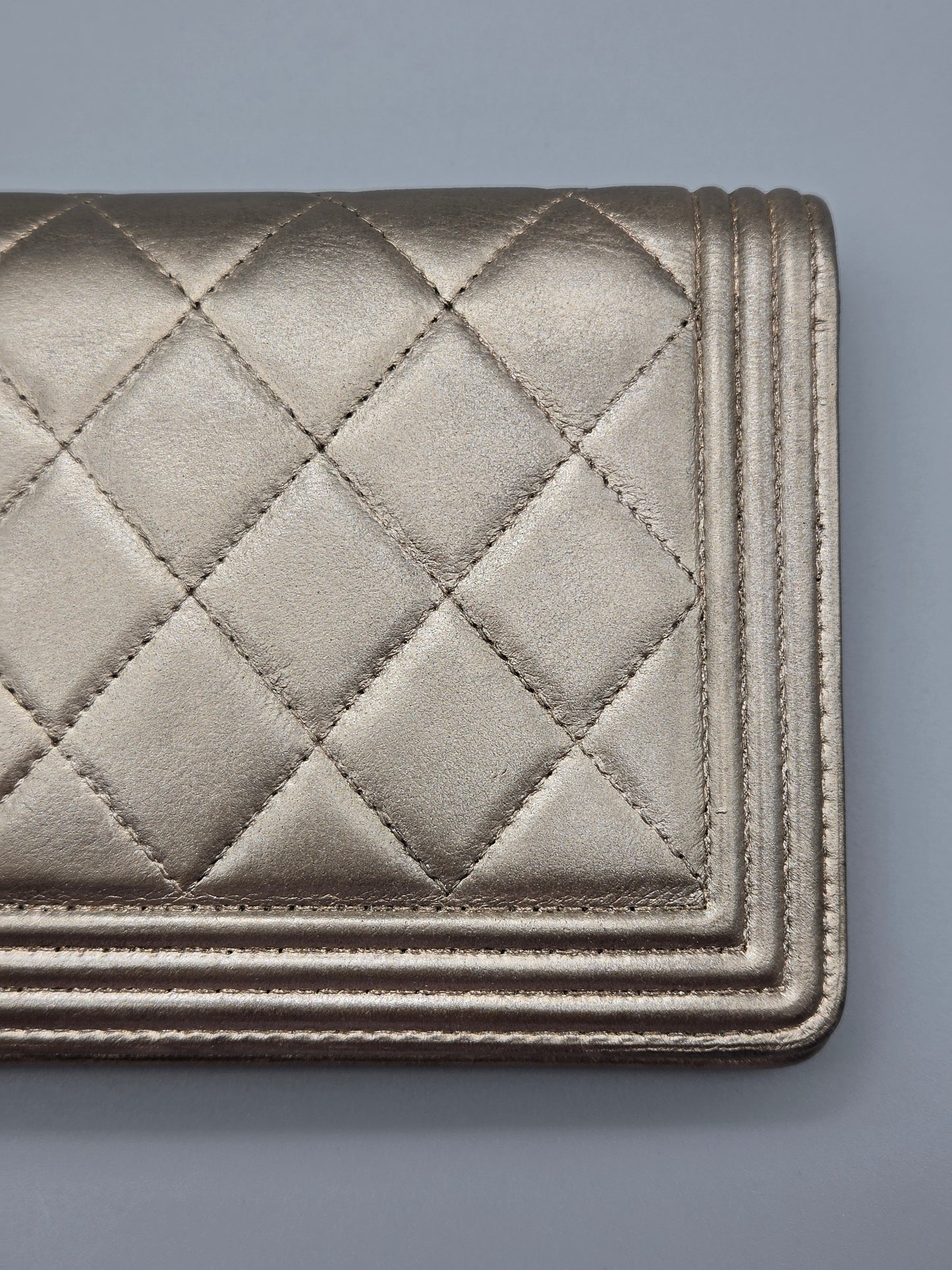 CHANEL Metallic Lambskin Quilted Boy Yen Wallet