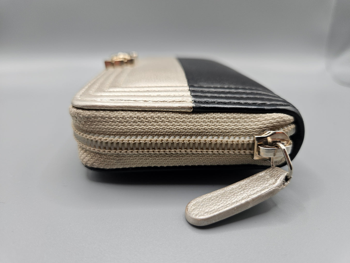 CHANEL Two-Tone Leather Compact Boy Zip Wallet