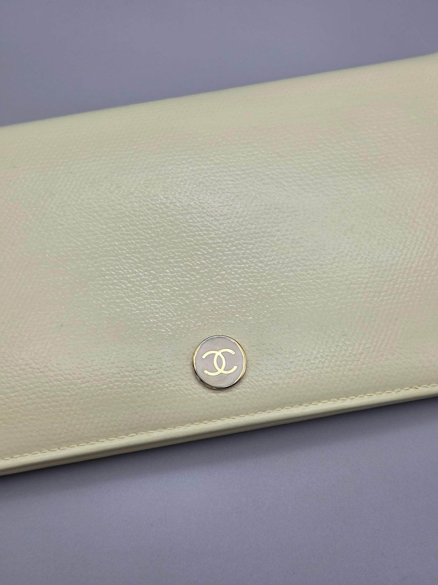 Grained Calfskin CC Button Yen Clutch Wallet in Pale Yellow