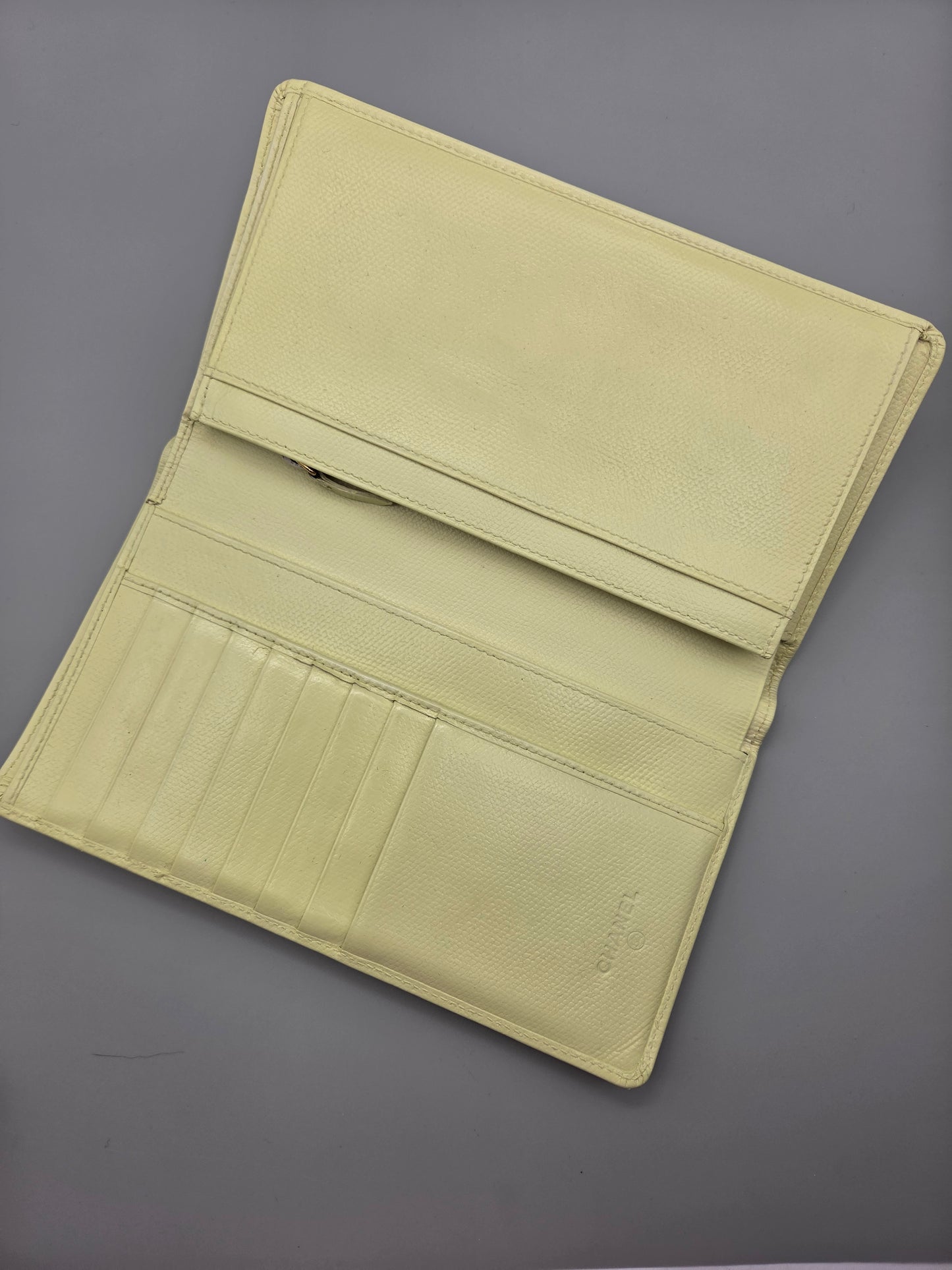 Grained Calfskin CC Button Yen Clutch Wallet in Pale Yellow