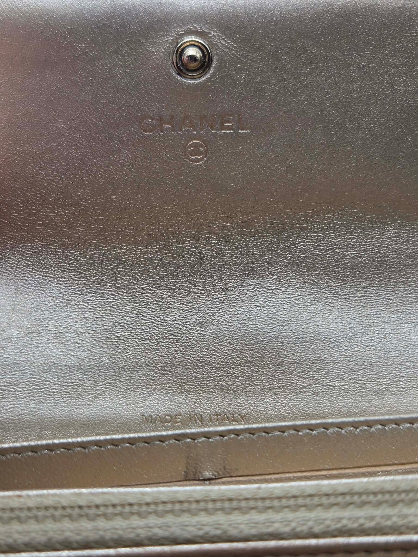 CHANEL Metallic Lambskin Quilted Large Gusset Flap Wallet