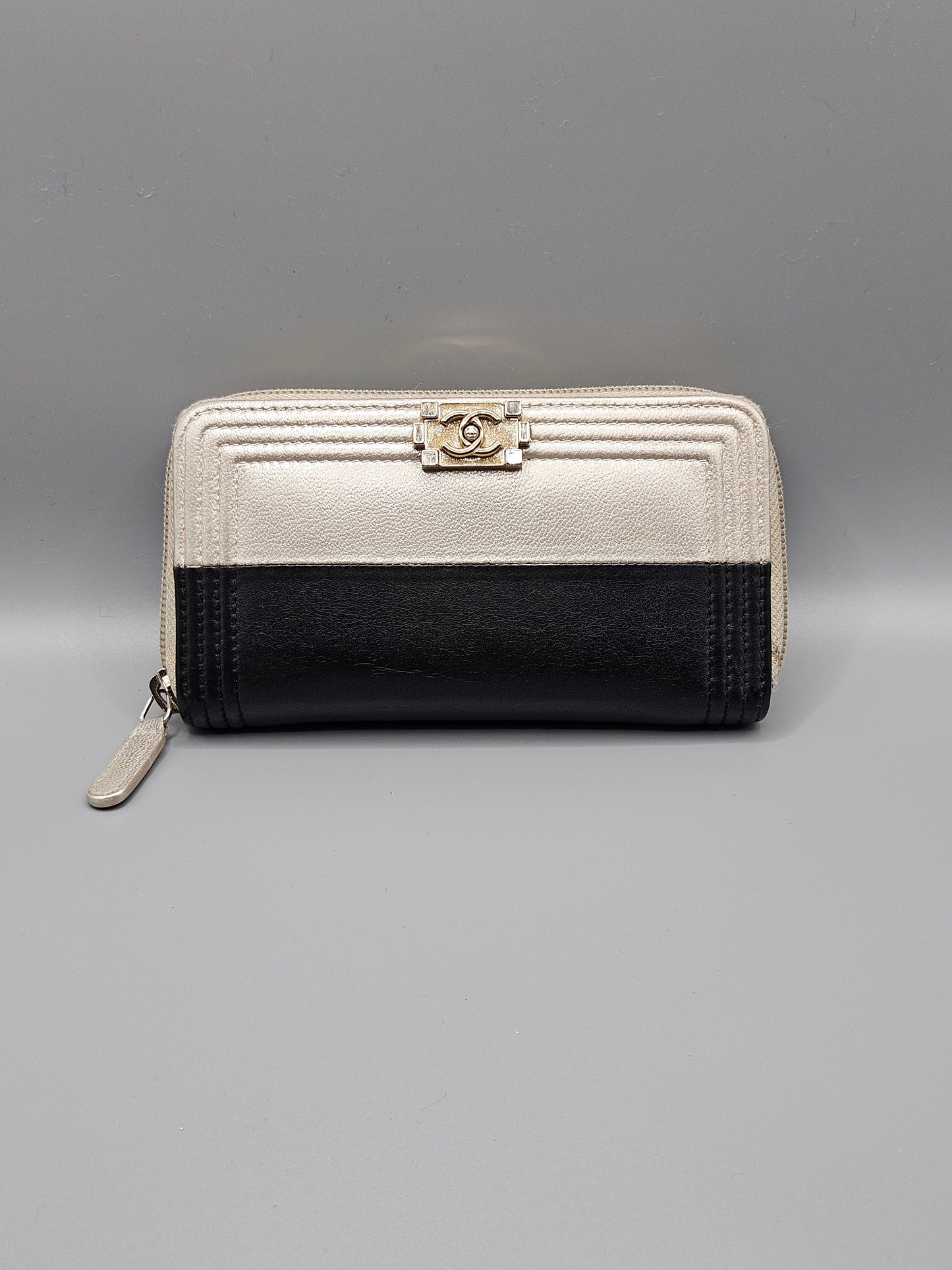CHANEL Two-Tone Leather Compact Boy Zip Wallet