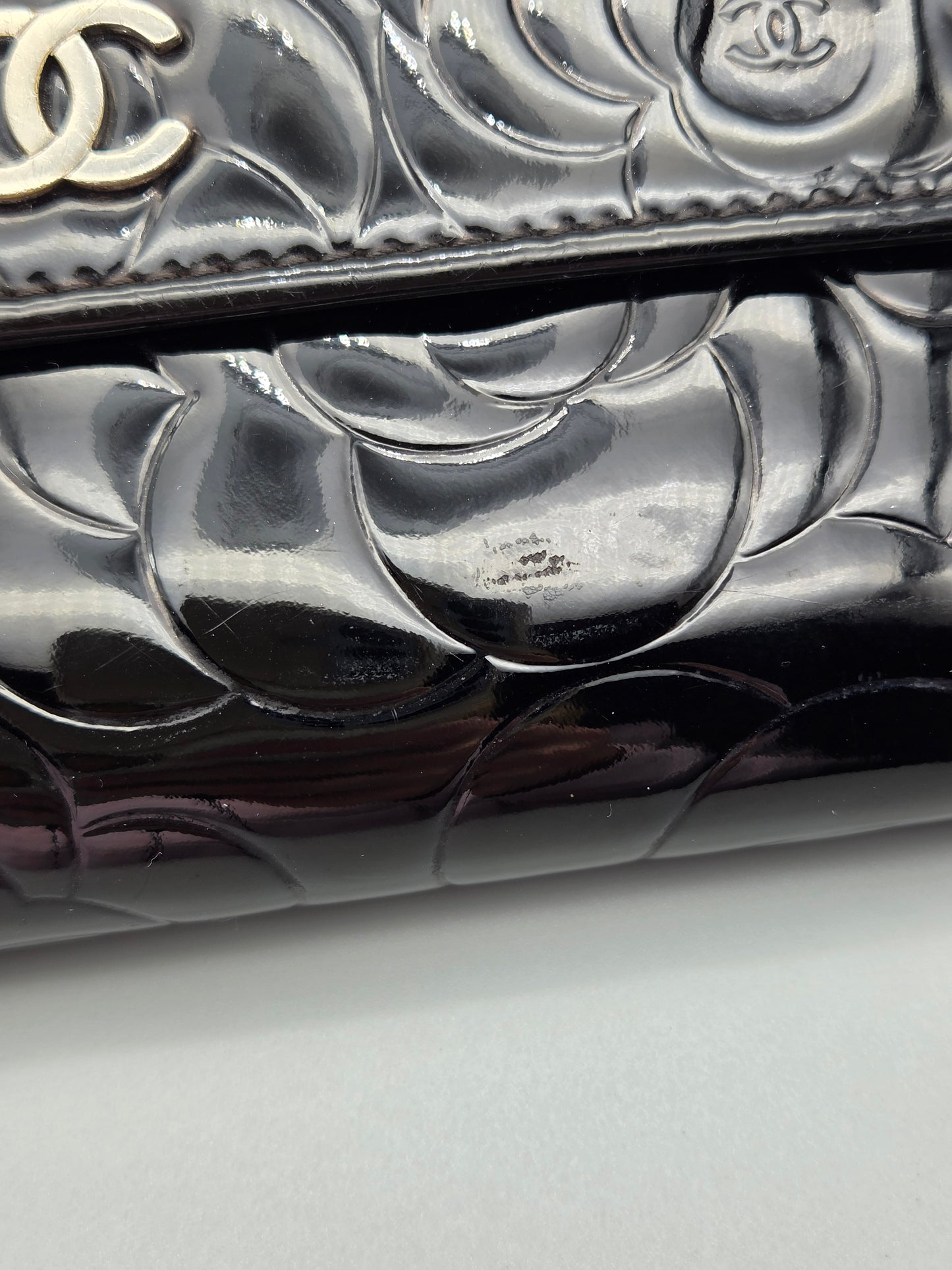CHANEL Black Camellia Patent Leather Large Clutch Wallet