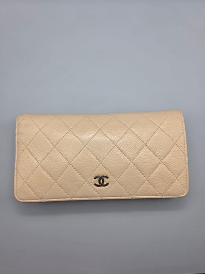 CHANEL Beige Quilted Leather Yen Wallet in Tan