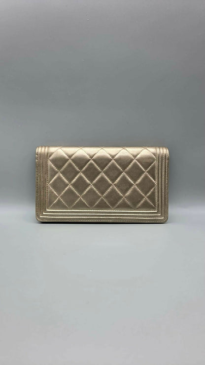CHANEL Metallic Lambskin Quilted Boy Yen Wallet