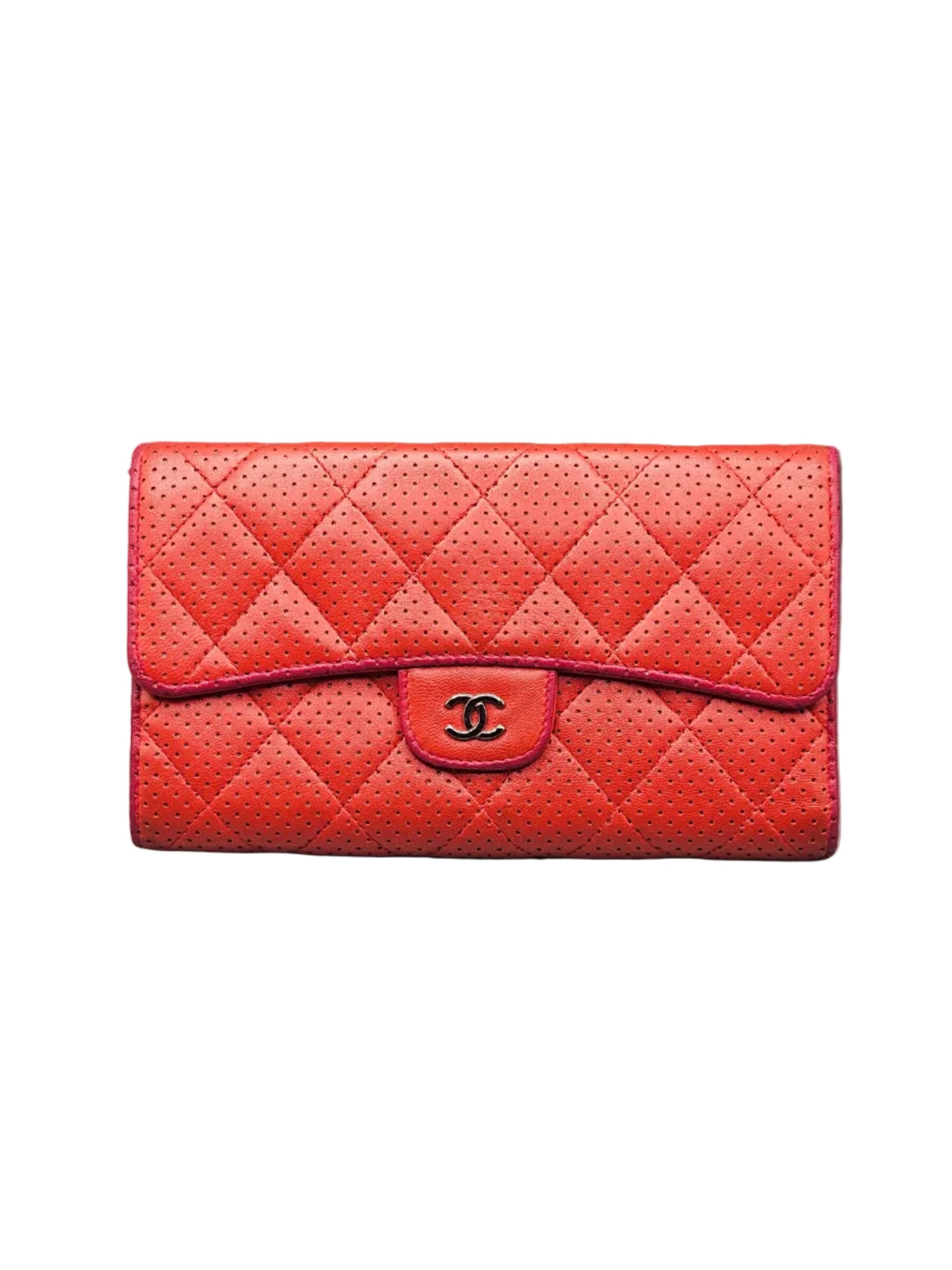 CHANEL Quilted Perforated Leather Wallet in Coral Red