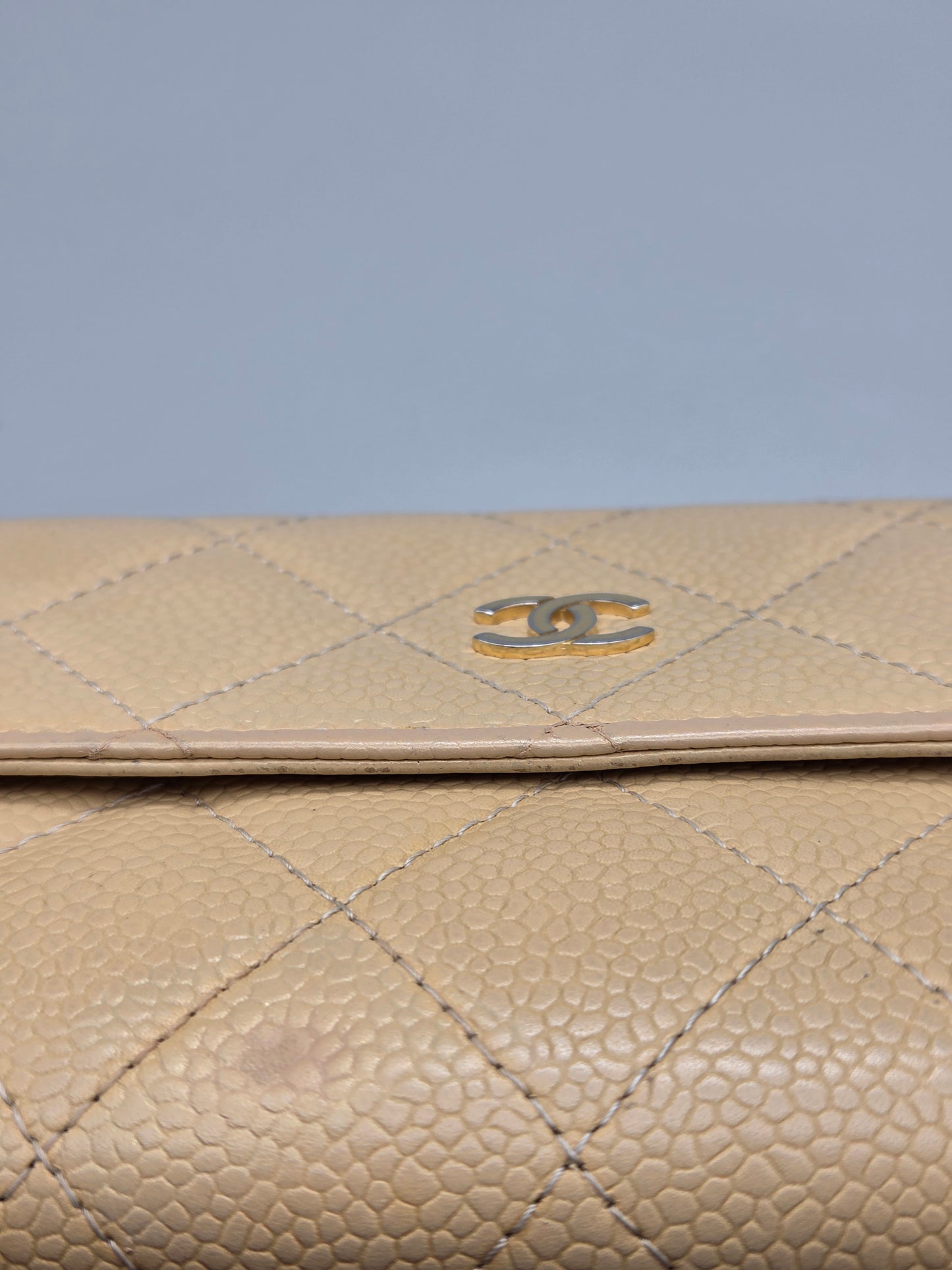 CHANEL Quilted Leather Beige Flap Clutch Wallet