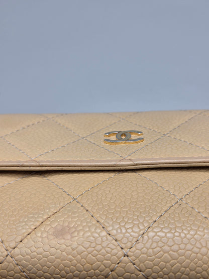CHANEL Quilted Leather Beige Flap Clutch Wallet