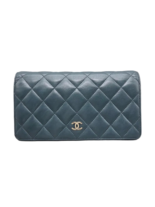 CHANEL Teal Quilted Leather Yen Wallet