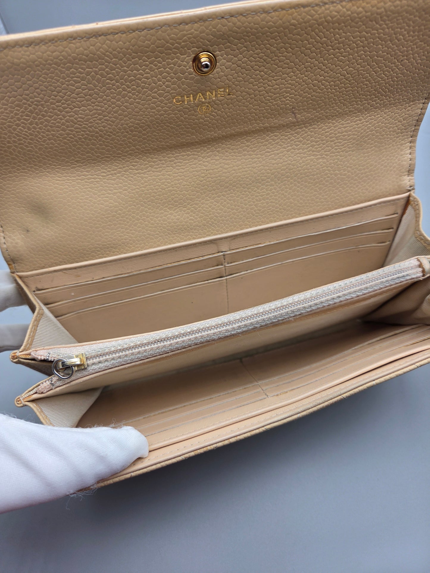 CHANEL Quilted Leather Beige Flap Clutch Wallet