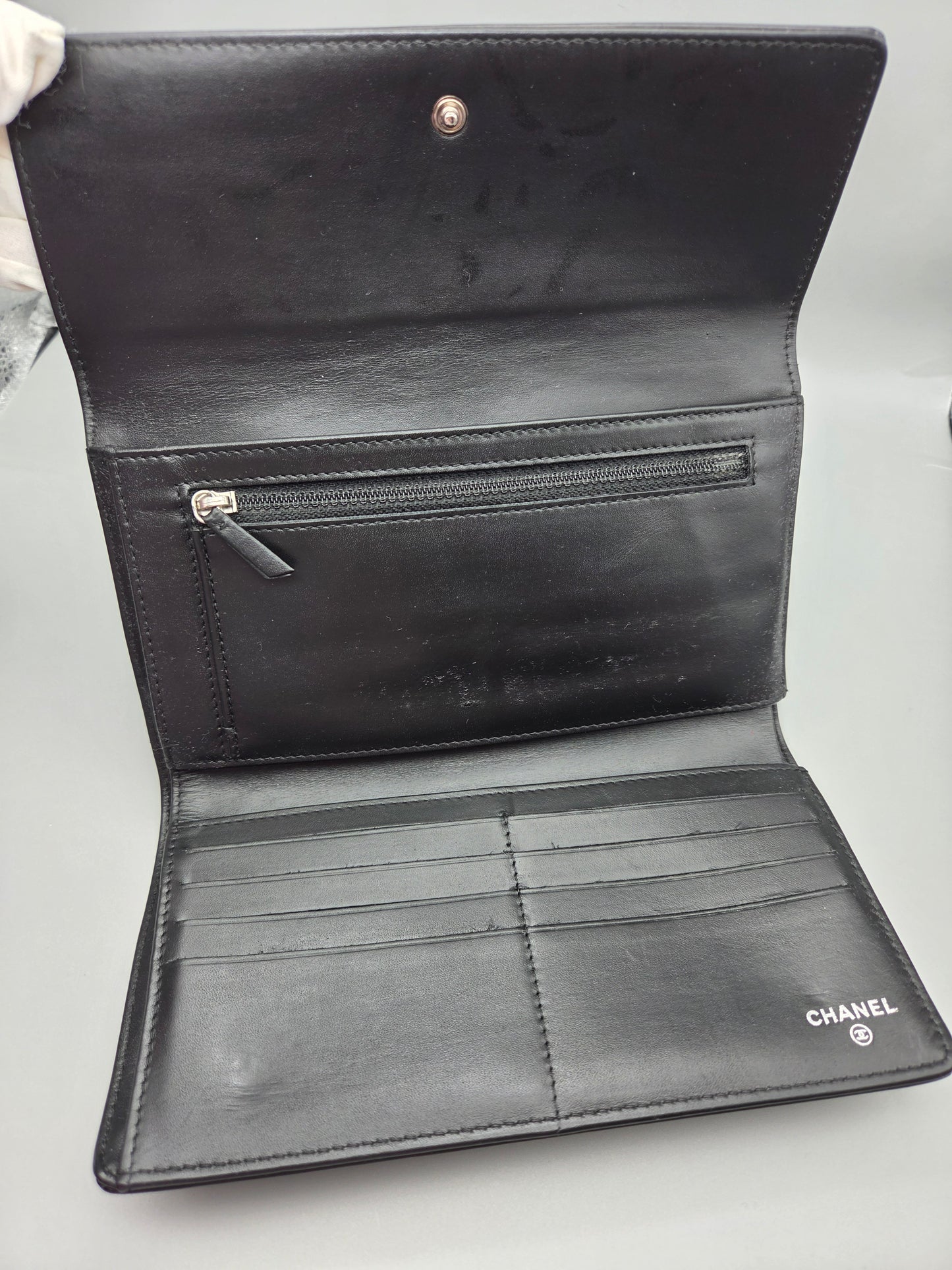 CHANEL Black Camellia Patent Leather Large Clutch Wallet