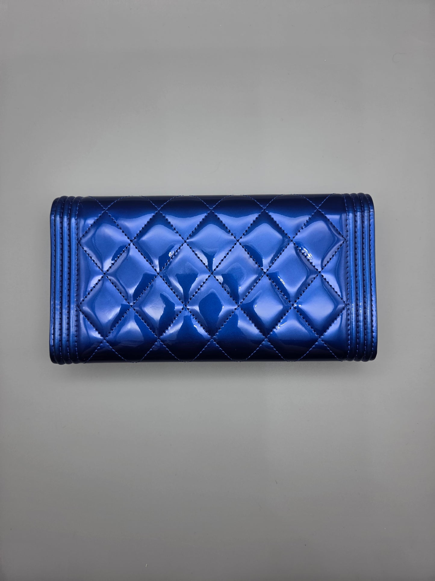 Patent Calfskin Quilted Boy Large Gusset Flap Wallet Blue