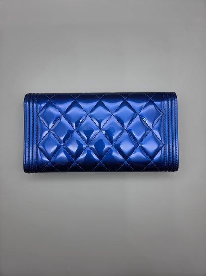 Patent Calfskin Quilted Boy Large Gusset Flap Wallet Blue