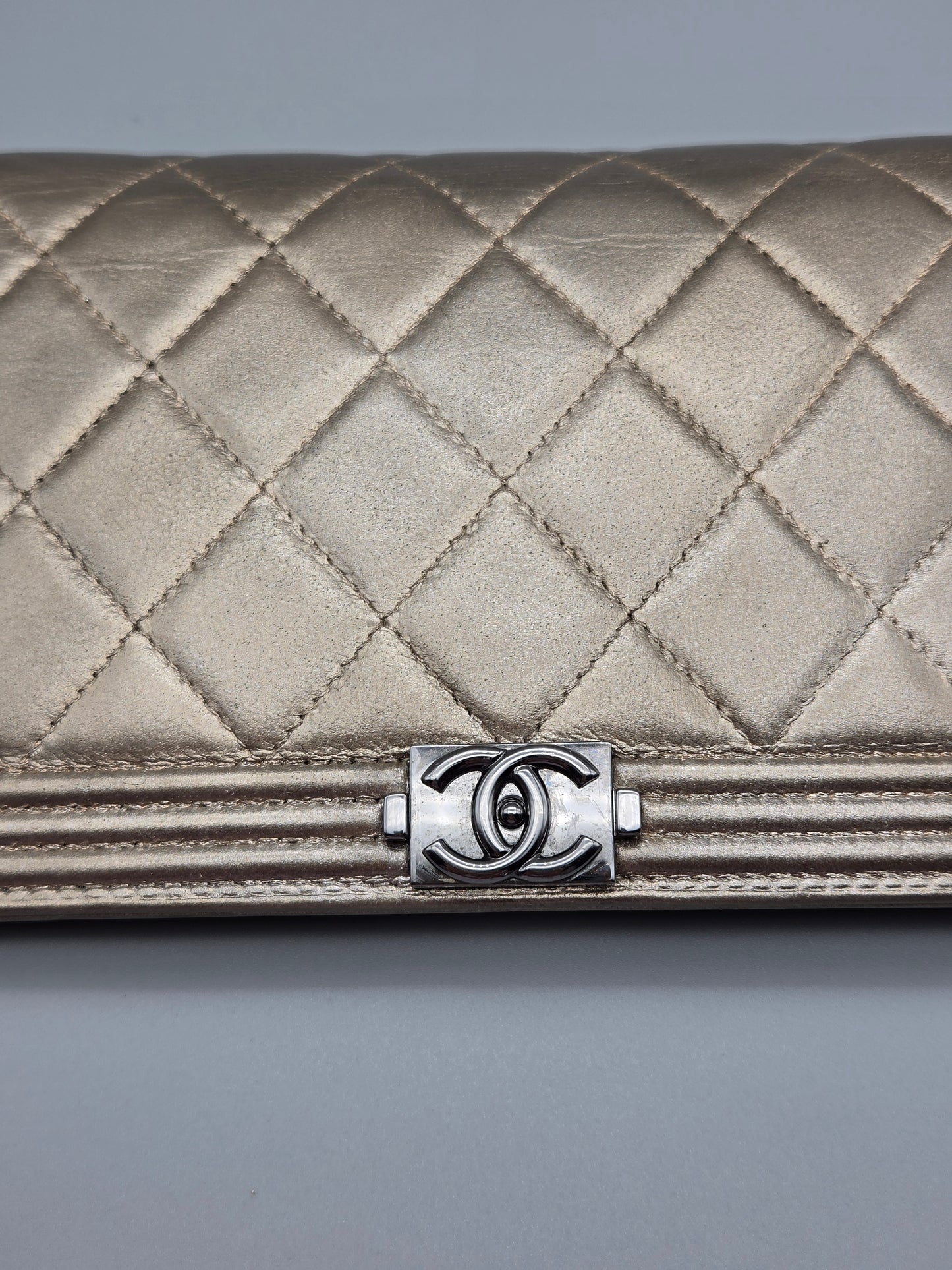 CHANEL Metallic Lambskin Quilted Boy Yen Wallet