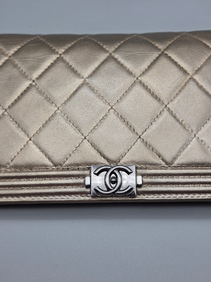 CHANEL Metallic Lambskin Quilted Boy Yen Wallet