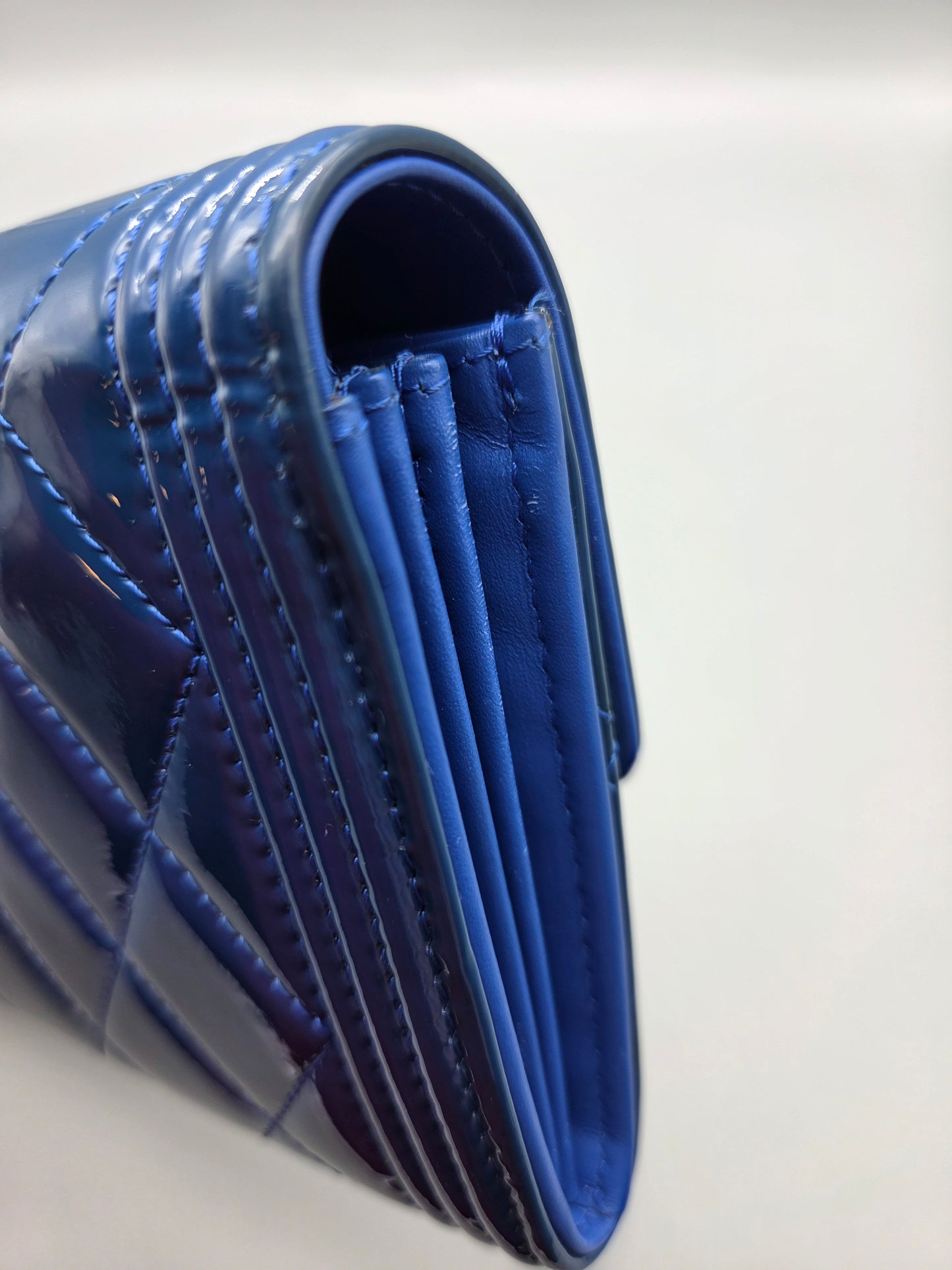 Patent Leather Boy Large Gusset Flap Wallet in Navy Blue