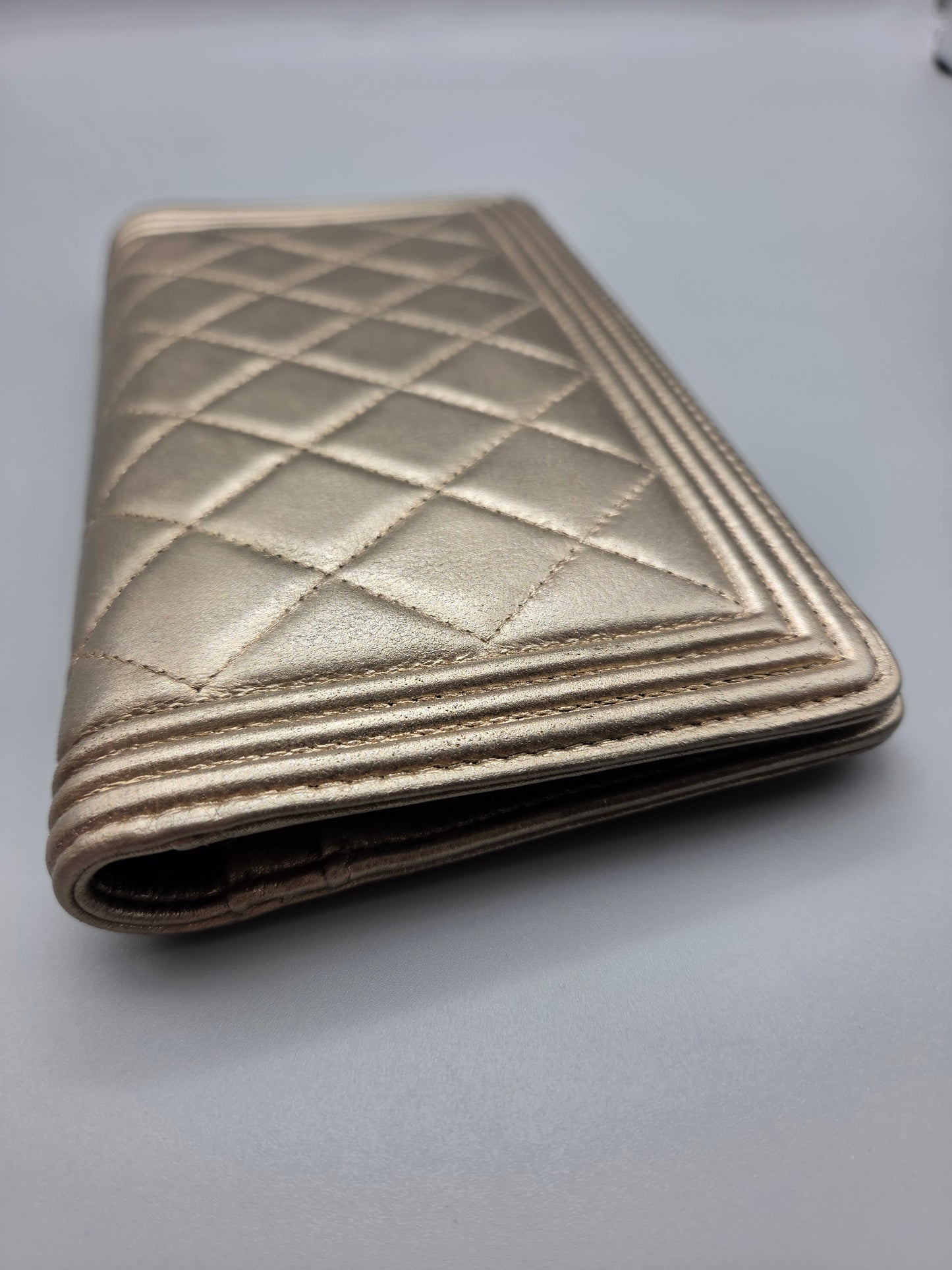CHANEL Metallic Lambskin Quilted Boy Yen Wallet
