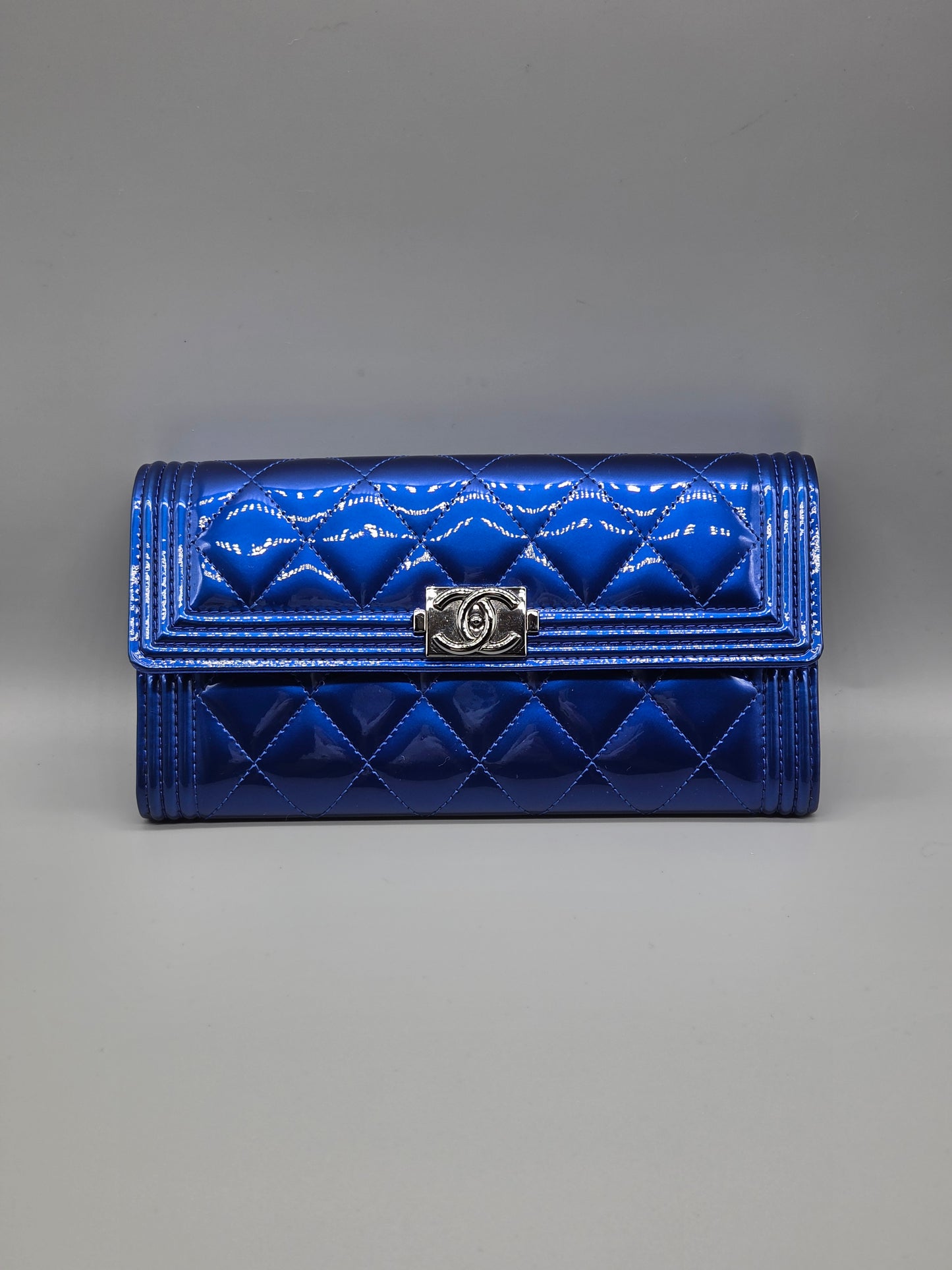 Patent Calfskin Quilted Boy Large Gusset Flap Wallet Blue