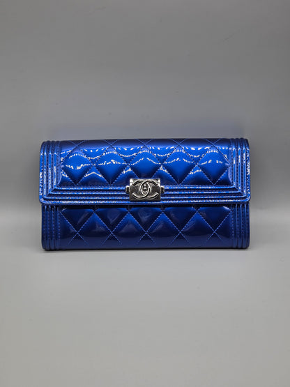 Patent Calfskin Quilted Boy Large Gusset Flap Wallet Blue